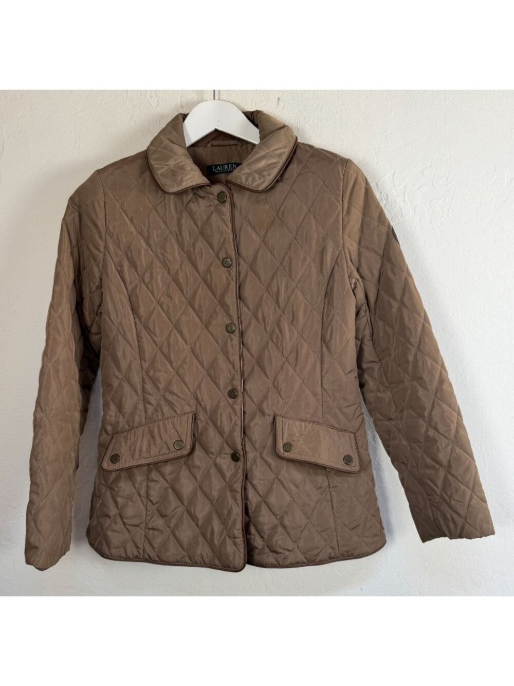 Lauren Ralph Lauren Womens Quilted Diamond Jacket Faux Leather Trim Brown Small
